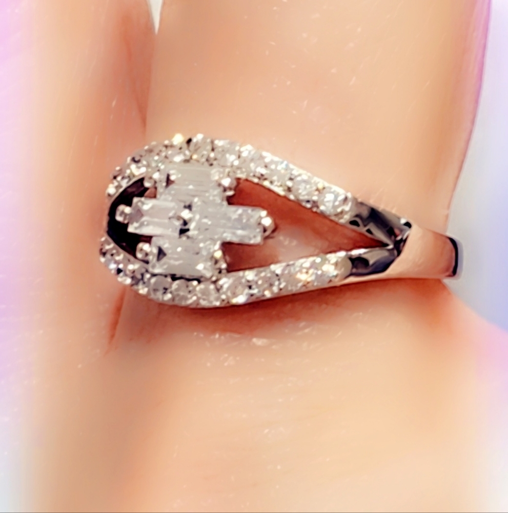 Round & Baguette CZ Sterling Silver Gemstone Ring